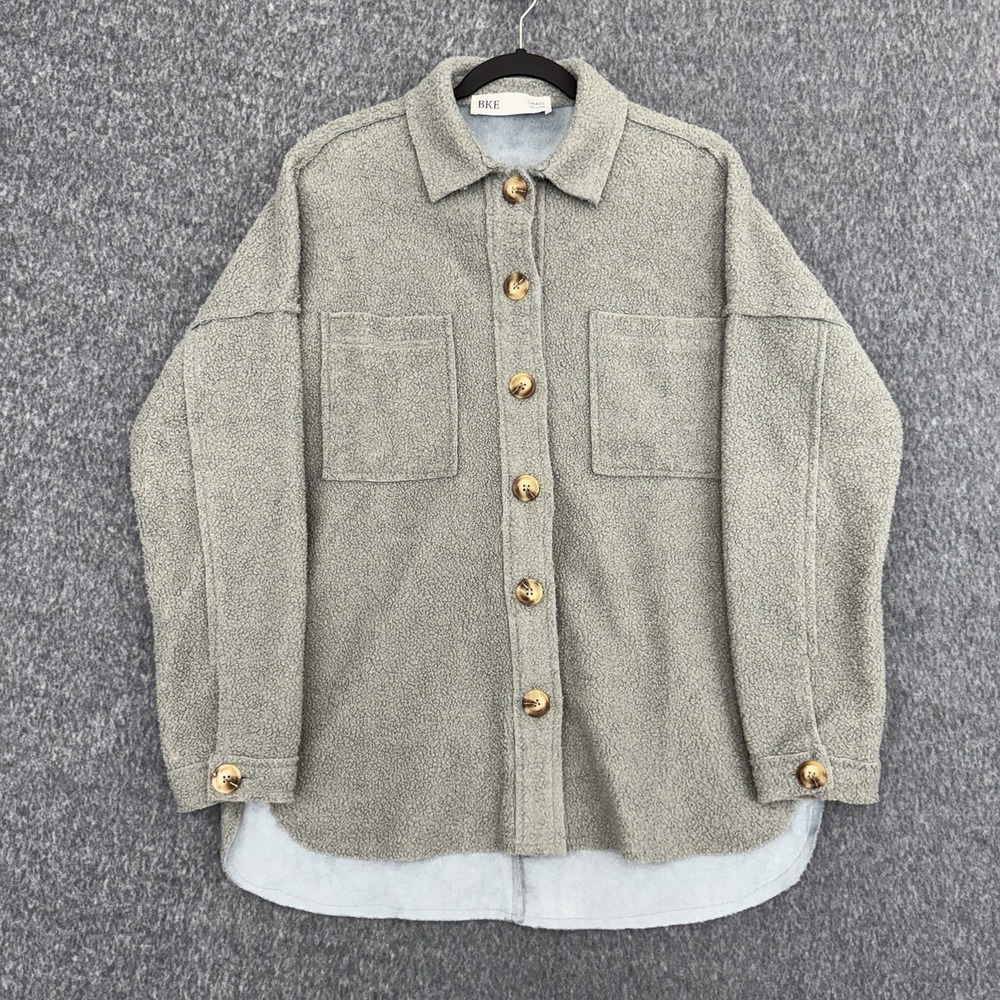 BKE Women's Small Gray Sherpa Fleece Shacket Oversized Button Up Jacket